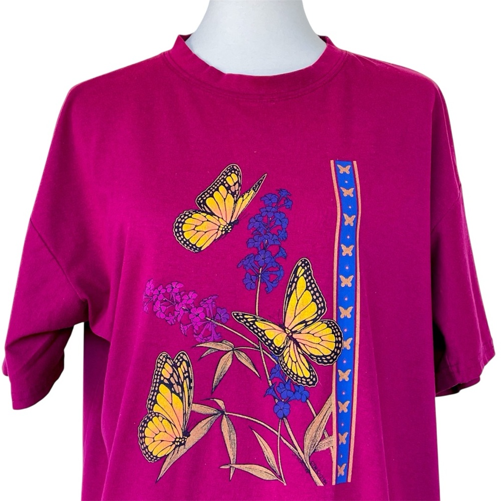 Vtg 80s 90s Alissia Alissia Midi T Shirt Dress Sz L XL Monarch Butterfly Floral